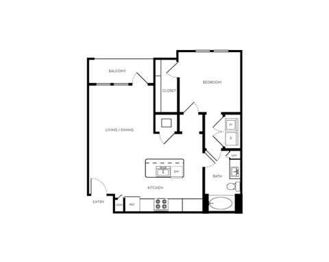 Floor plan for 1 bed, 1 bath, 835 sqft